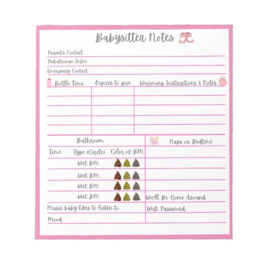 Babysitter Notes for Newborn Baby Girl Notitieblok (Voorkant)