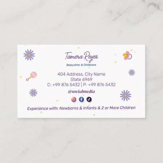 Babysitter Professional Business | Nanny Childcare Visitekaartje (Achterkant)