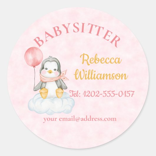 Babysitter Schattigee Pinguïn Ronde Sticker (Voorkant)