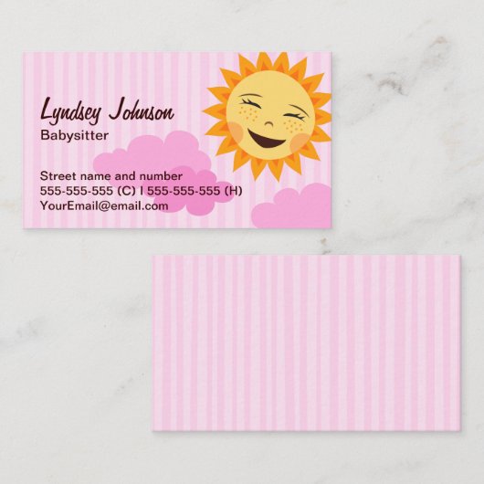 Babysitter visitekaartje, roze met schattige zon visitekaartje (Voorkant / Achterkant)