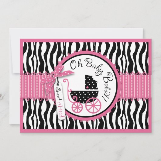 Babywagen, zebraprint & roze baby shower kaart (Voorkant)