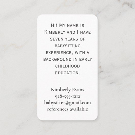 Babyzittende bij Jersey Shore Lavender Visitekaartje (Achterkant)