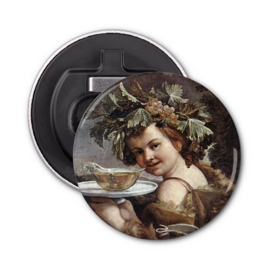 BACCHUS, DRUIVEN EN WITTE WIJN BUTTON FLESOPENER (Voorkant)