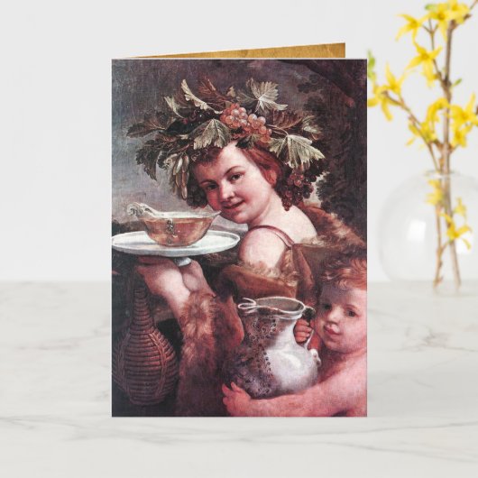 BACCHUS, GRAPES EN ROOS WIJNPARCHTHday Kaart (Gele Bloem)