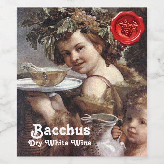 BACCHUS MET DRUIVEN EN WITTE WINE RODE WAXSEAL WIJN ETIKET (Enkel label)