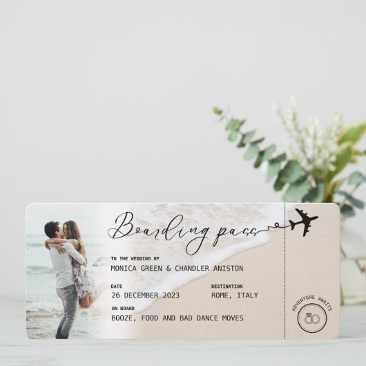 BACH Boarding Pass Destination Wedding QR Code Kaart (Staand voorkant)