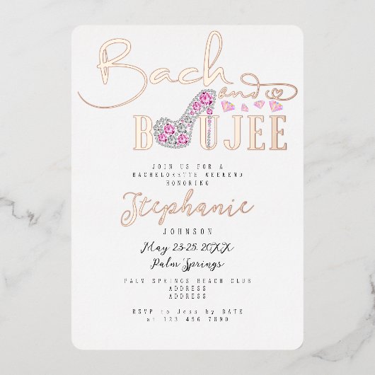 Bach & Boujee Diamond Glam Bachelorette-feest Roos Folie Uitnodiging (Voorkant)