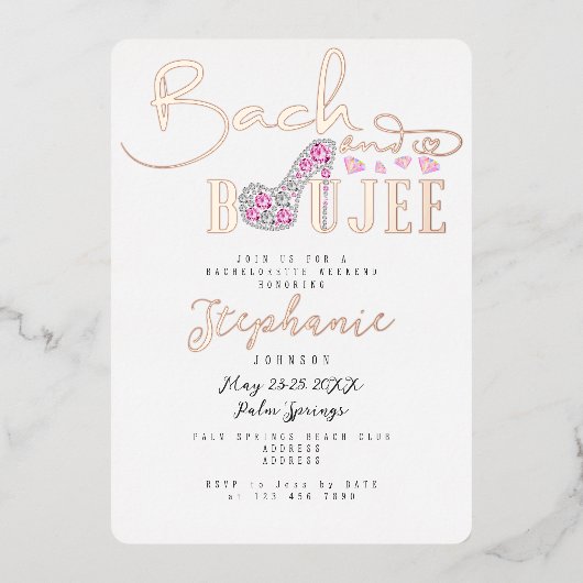 Bach & Boujee Diamond Glam Bachelorette Party Roos Folie Uitnodiging (Voorkant)