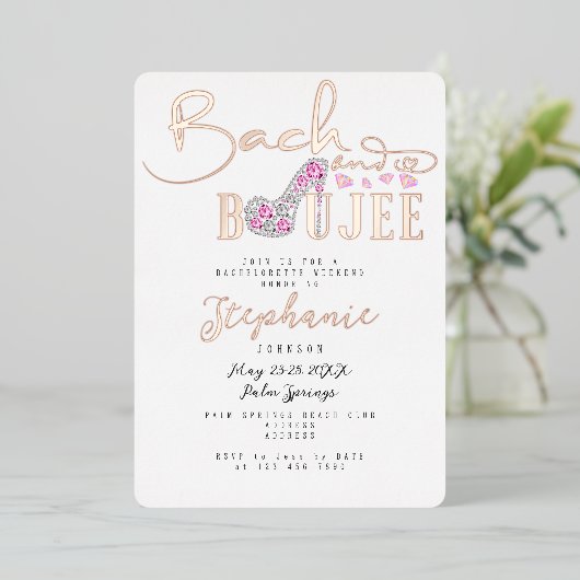 Bach & Boujee Diamond Glam Bachelorette Party Roos Folie Uitnodiging (Staand Voorkant)