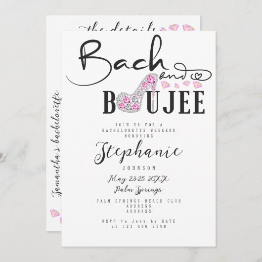 Bach & Boujee Roze Diamanten Glam Bachelorette Par Kaart (Voorkant / Achterkant)
