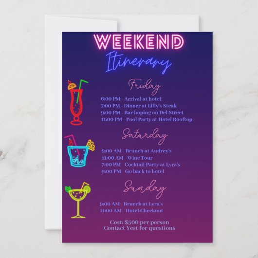 Bach en Boozy Bachelorette met Itenerary Kaart (Achterkant)