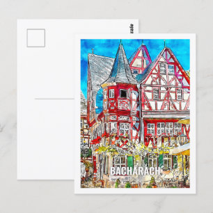 Bacharach Duitsland Famous Travel Waterverf Sketch Briefkaart