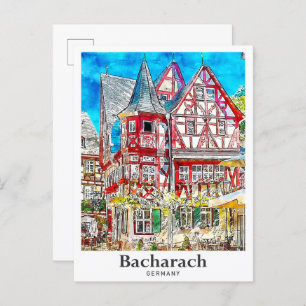 Bacharach Duitsland Reizen Waterverf Hand getekend Briefkaart