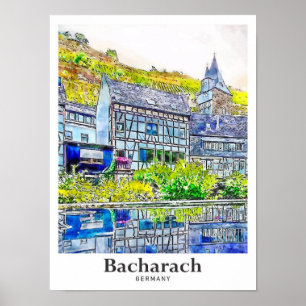 Bacharach Duitsland Reizen Waterverf Hand getekend Poster