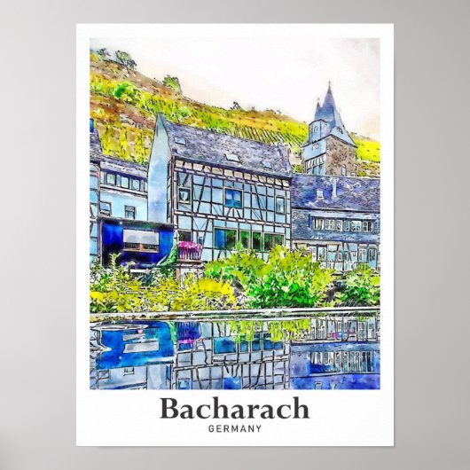 Bacharach Duitsland Reizen Waterverf Hand getekend Poster (Voorkant)
