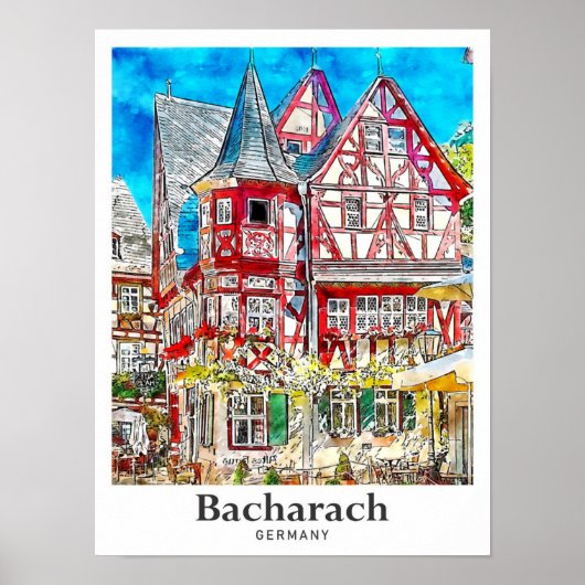 Bacharach Duitsland Reizen Waterverf Hand getekend Poster (Voorkant)