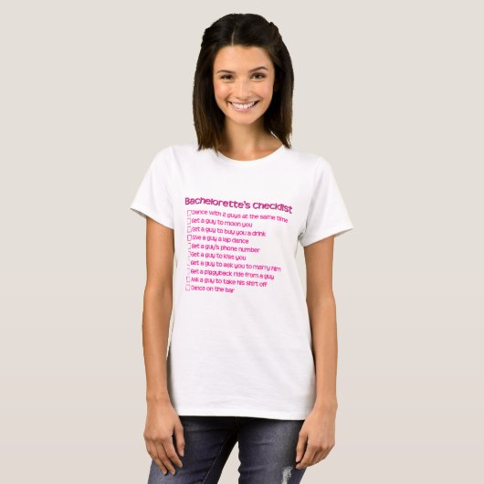 Bacheloette Checklist T-shirt (Voorkant volledig)