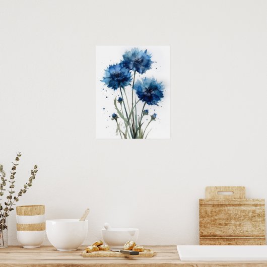 Bachelor Buttonnen Bloemenkunst Print Poster (Keuken)