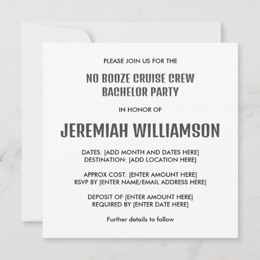 Bachelor NO DRANK CRUISE CREW Bestemming Kaart (Achterkant)