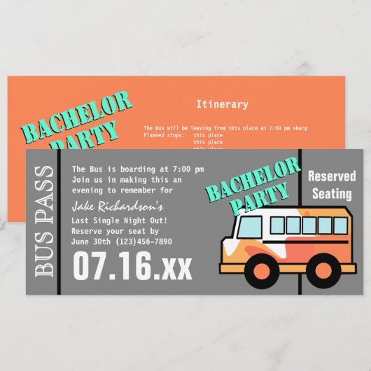 Bachelor Party Bus Pas Oranje Kaart (Voorkant / Achterkant)
