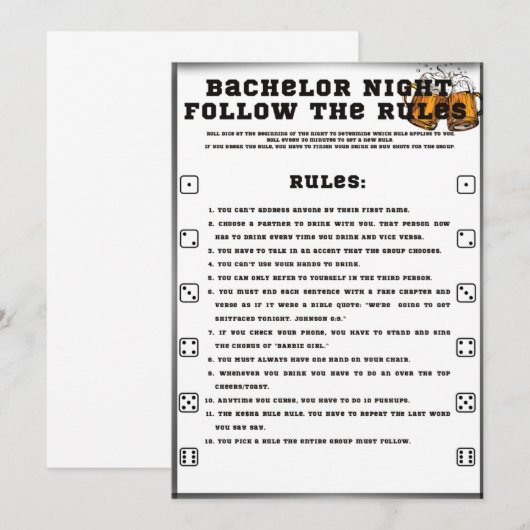 Bachelor Party Game, Volg de regels, Kaart (Voorkant / Achterkant)