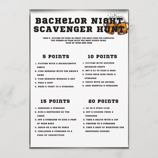 Bachelor Party Games, Scavenger Hunt, Kaart (Voorkant)