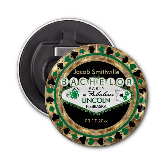 Bachelor Party Green Poker Chip Button Flesopener (Voorkant)