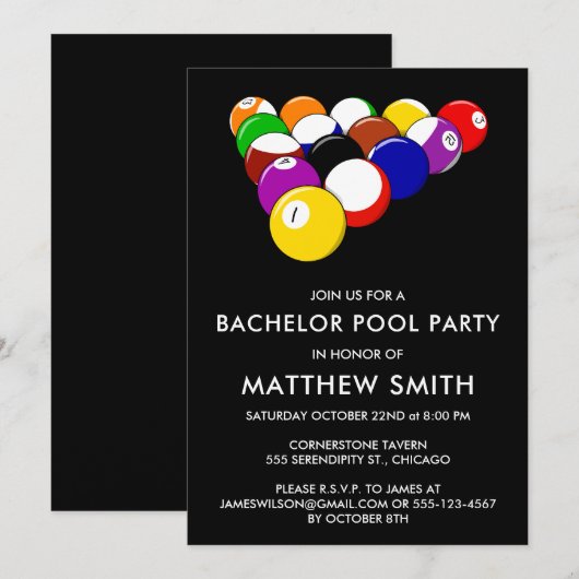 Bachelor Party Pool Ball Billards Uitnodiging (Voorkant / Achterkant)
