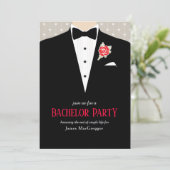 Bachelor party tuxedo red rose uitnodiging (Staand voorkant)