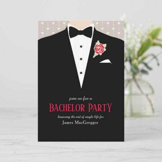 Bachelor party tuxedo red rose uitnodiging (Staand voorkant)