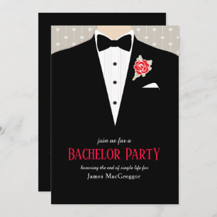Bachelor party tuxedo red rose uitnodiging