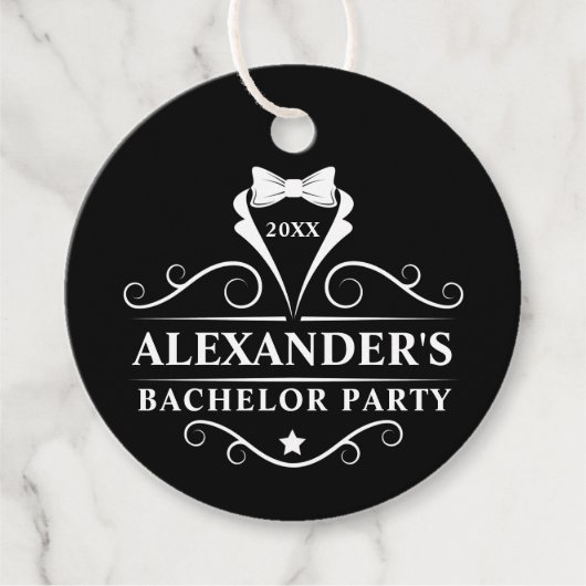 Bachelor Party Tuxedo Stropdas Black Round Bedankjes Labels (Voorkant)