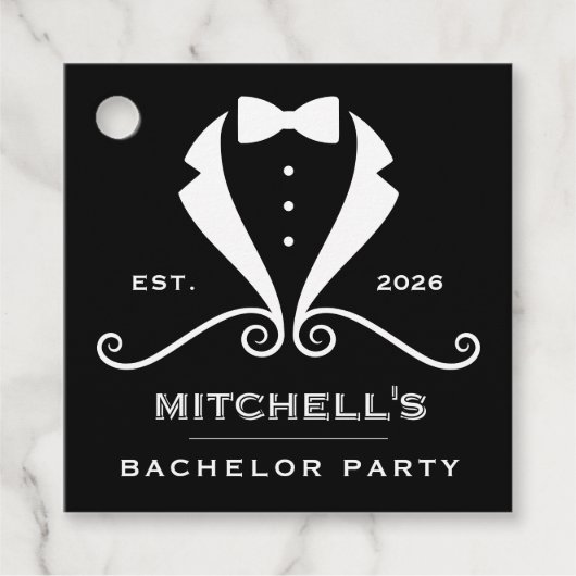 Bachelor Party Tuxedo Suit Bowtie Black Wedding Bedankjes Labels (Voorkant)