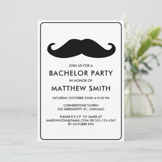 Bachelor Party Zwart Mustache Bruiloft Kaart (Staand voorkant)