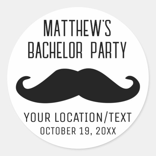 Bachelor Party Zwart Mustache Bruiloft Ronde Sticker (Voorkant)