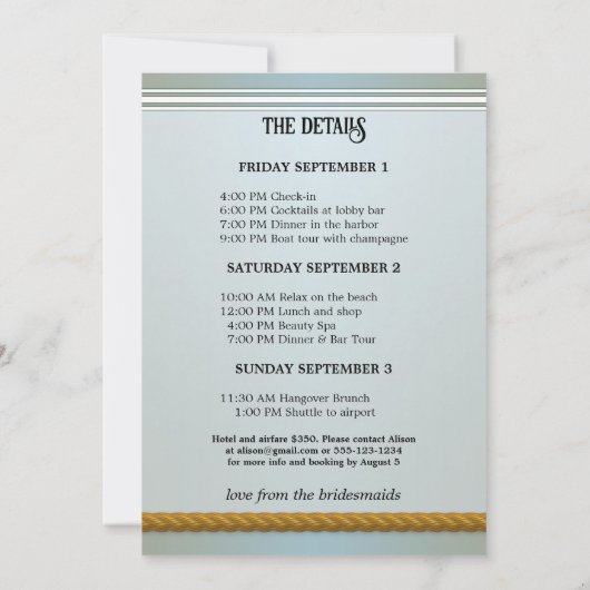 Bachelorette Beach Nautical Weekend Invitation Kaart (Achterkant)