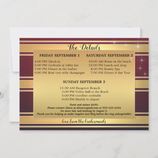 Bachelorette Beach Weekend Itinerary Invitation Kaart (Achterkant)
