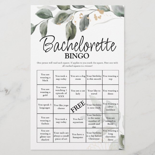 Bachelorette Bingo greenery Bridal Game (Voorkant)