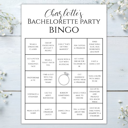 Bachelorette Bingo vrijgezellenfeest spel uitdagin Kaart