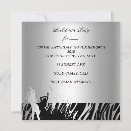 Bachelorette Black Silver Zebra Dance Kaart (Achterkant)