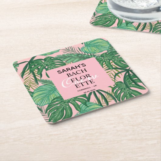 Bachelorette Bridal Partij Tropisch Palm Roze Kartonnen Onderzetters (Schuin)
