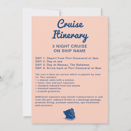 Bachelorette Cruiseschip Marine en Peach Routebesc Kaart (Achterkant)