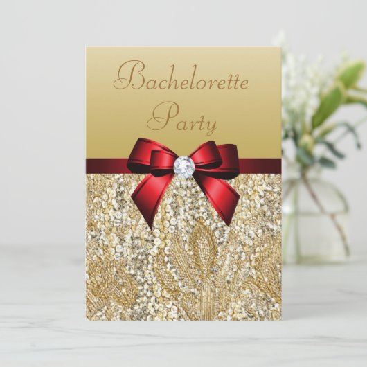 Bachelorette Faux Gold Sequins Royal Red Bow Kaart (Staand voorkant)
