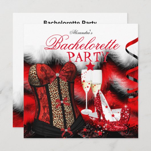 Bachelorette Feather Red Corset Champagne Heels Kaart (Voorkant / Achterkant)