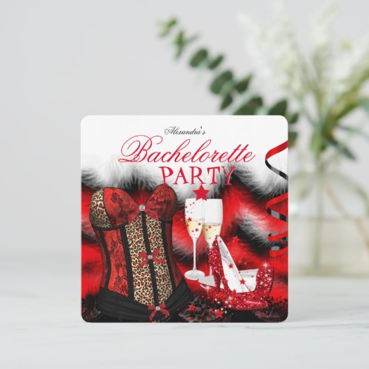 Bachelorette Feather Red Corset Champagne Heels Kaart (Staand voorkant)