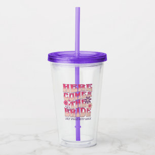 Bachelorette feest hier komt de bruid groovy acryl drinkbeker