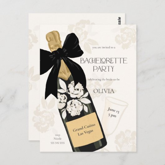 Bachelorette feest Mousserende Wijnfles Zwart Bow Briefkaart (Voorkant / Achterkant)