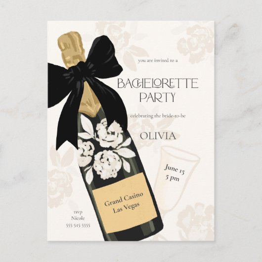 Bachelorette feest Mousserende Wijnfles Zwart Bow Briefkaart (Voorkant)