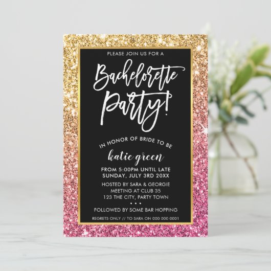 BACHELORETTE FEEST UITNODIGEN glam goud roze glitt Kaart (Staand voorkant)