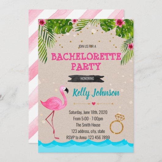 Bachelorette flamingo pooluitnodiging kaart (Voorkant / Achterkant)